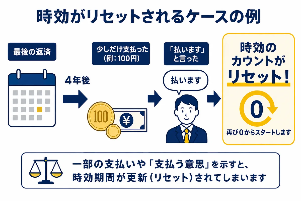 最後の返済から4年後に少しだけ支払ったり「払います」と言ったりすると、時効のカウントがリセットされ、再び0からスタートしてしまうことを示す図