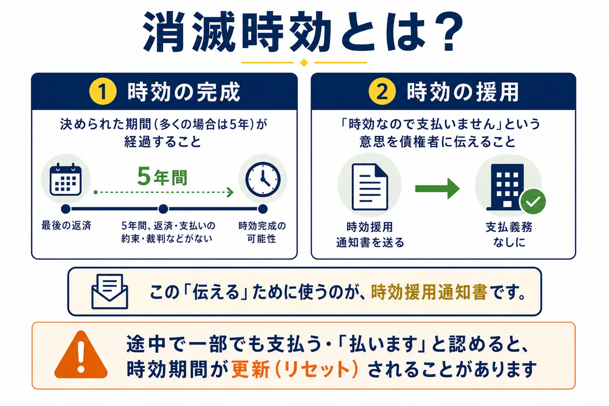 消滅時効の2つの要件を示す図。1 時効の完成：最後の返済から5年間、返済・支払いの約束・裁判などがないこと。2 時効の援用：時効援用通知書を送り「時効なので支払いません」という意思を債権者に伝えることで支払義務なしに。途中で一部でも支払ったり「払います」と認めたりすると、時効期間が更新（リセット）されることがある。