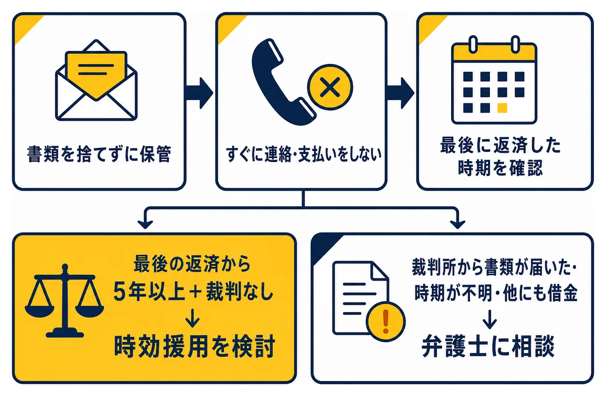 対応の流れ。1 書類を捨てずに保管、2 すぐに連絡・支払いをしない、3 最後に返済した時期を確認。そのうえで、最後の返済から5年以上で裁判なしなら時効援用を検討、裁判所から書類が届いた・時期が不明・他にも借金がある場合は弁護士に相談、という分かれ道の図。