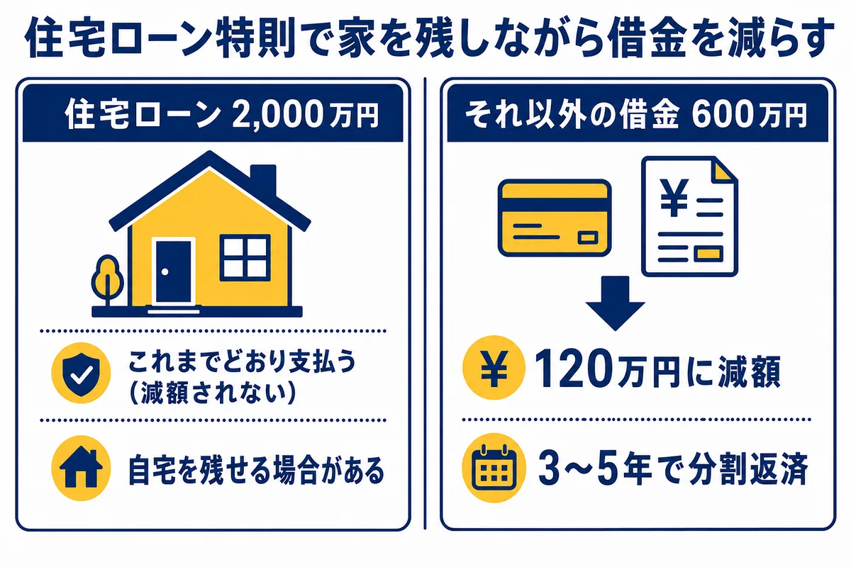 住宅ローン特則で家を残しながら借金を減らす。住宅ローン2,000万円はこれまでどおり支払う（減額されない）ので、自宅を残せる場合がある。それ以外の借金600万円は120万円に減額し、3〜5年で分割返済。