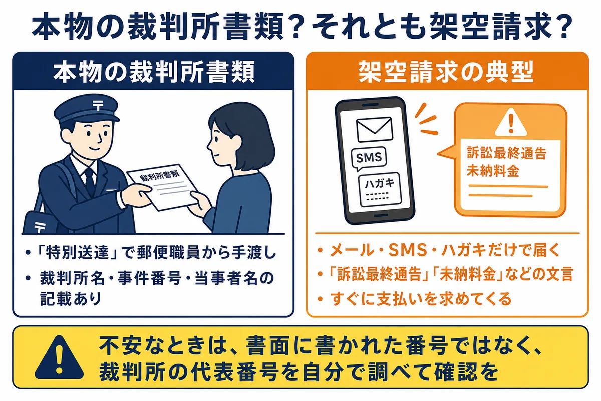 本物の裁判所書類と架空請求の見分け方の比較図。本物は「特別送達」で郵便職員から手渡しされ、裁判所名・事件番号・当事者名の記載がある。架空請求の典型は、メール・SMS・ハガキだけで届き、「訴訟最終通告」「未納料金」などの文言で、すぐに支払いを求めてくる。不安なときは、書面に書かれた番号ではなく、裁判所の代表番号を自分で調べて確認を。