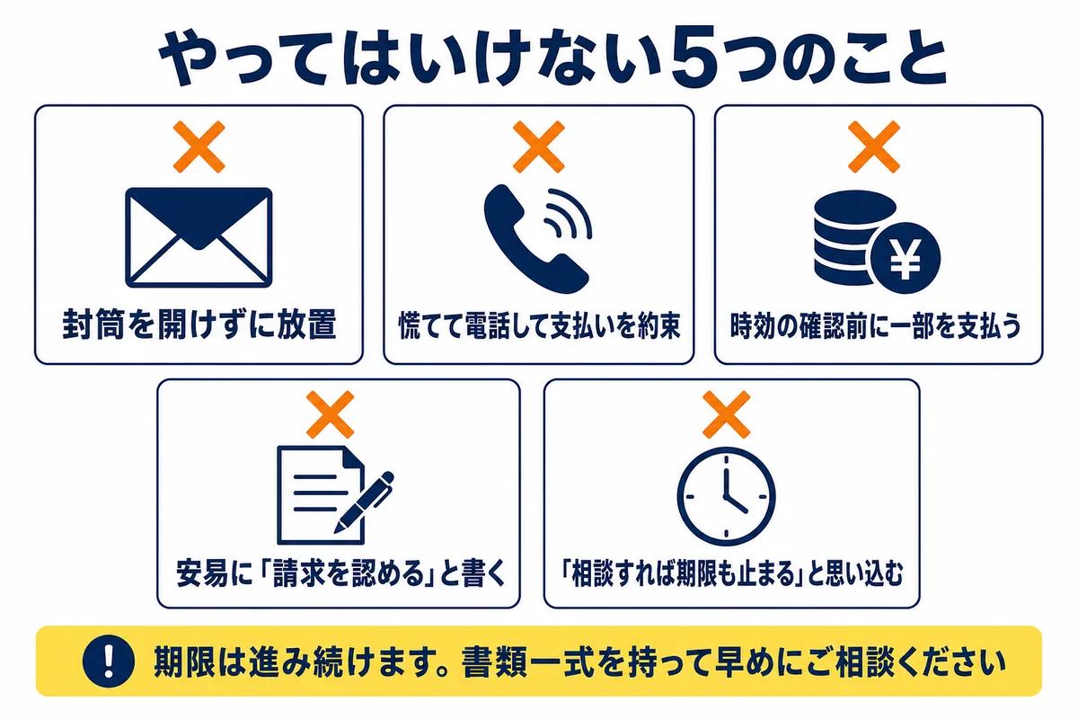 やってはいけない5つのこと。封筒を開けずに放置、慌てて電話して支払いを約束、時効の確認前に一部を支払う、安易に「請求を認める」と書く、「相談すれば期限も止まる」と思い込む。期限は進み続けるため、書類一式を持って早めに相談を。